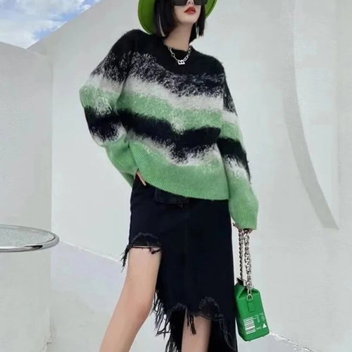 Load image into Gallery viewer, Striped Hit Color Loose Sweater For Women Round Neck Long Sleeve Casual Lazy Knitted Top Female Fashion

