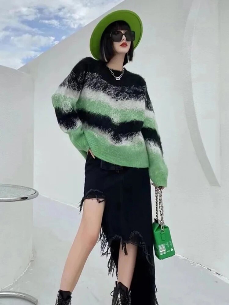 Striped Hit Color Loose Sweater For Women Round Neck Long Sleeve Casual Lazy Knitted Top Female Fashion