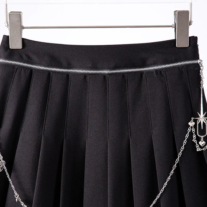Preppy Style Patchwork Metal Chain Skirt For Women High Waist Black Mini Pleated Skirts Female Summer Fashion