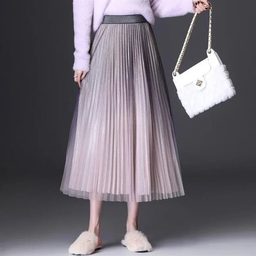Load image into Gallery viewer, Long Tulle Skirts Womens Gradient Shine Fall Winter Mujer Faldas Elegant Fashion Ladies High Waist Vintage Midi Skirt Female
