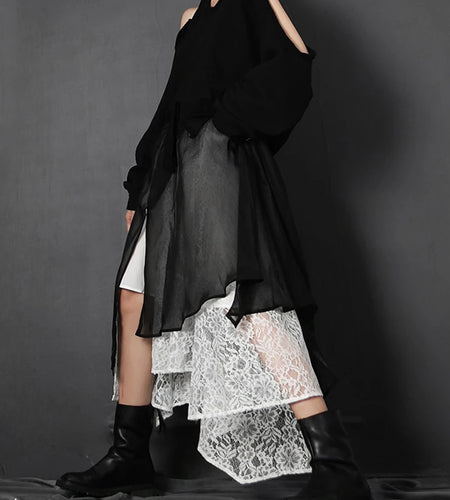 Vintage Patchwork Lace Skirt For Women High Waist Casual Ball Gown Skirts Female Fashion Clothing Style