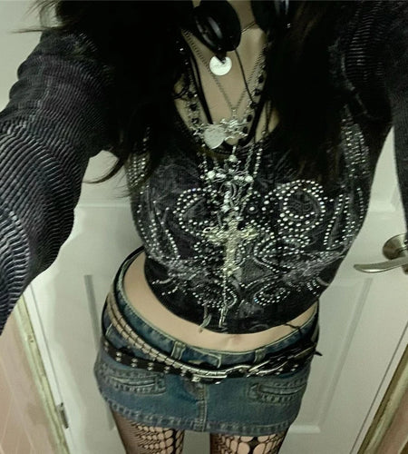 Rhinestone Crop Tops Graphic Print Y2K Grunge Clothes Aesthetic Fairycore Retro Tee Vintage Harajuku Cute Tshirts