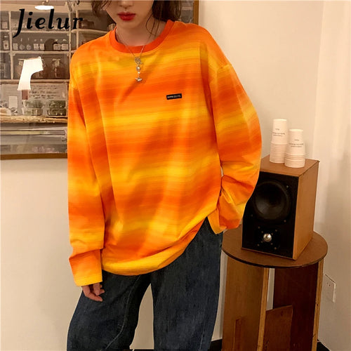 Load image into Gallery viewer, Green Striped Hoodies Women Long-sleeved O-neck Colorful Sweatshirt Female New Harajuku Fashion Orange Pullover M-XL
