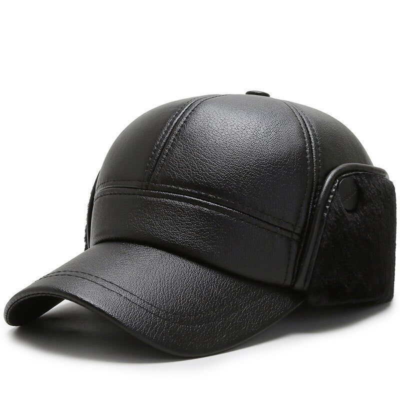 High Quality Men's Winter Baseball Cap Pu Leather Thicken Plus Velvet Warm Snapback Hats Black Cap Casquette Homme