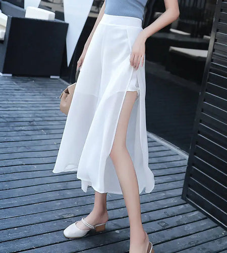 Side Split Wide Leg Shorts Skirt Women's Summer Sweet Slim Chiffon Capris Skirts Female Korean Style Split Tulle Skirt Pants