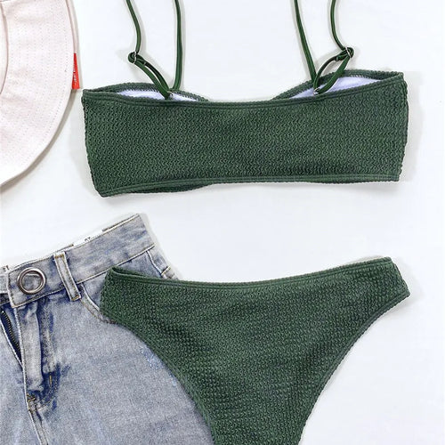 Load image into Gallery viewer, Sexy Solid Bandeau Swimsuit Women Push Up Bikinis Set Mid Waist Bathing Suit Thong Swimwear Summer
