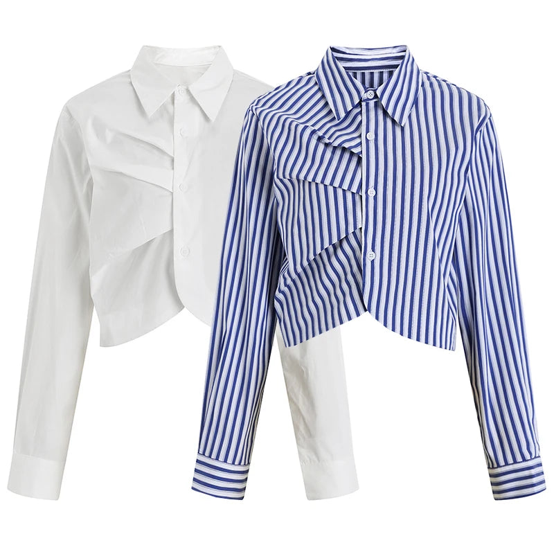 Casual Slim Striped Temperament Folds Shirt Female Lapel Long Sleeve Fashion Blouse For Women Autumn Style