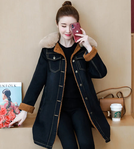 Winter Parka Coat Warm Women Fur Collar Denim Jacket Casual Outerwear Blue Fashion Thicken Jean Coat Female Black 2023