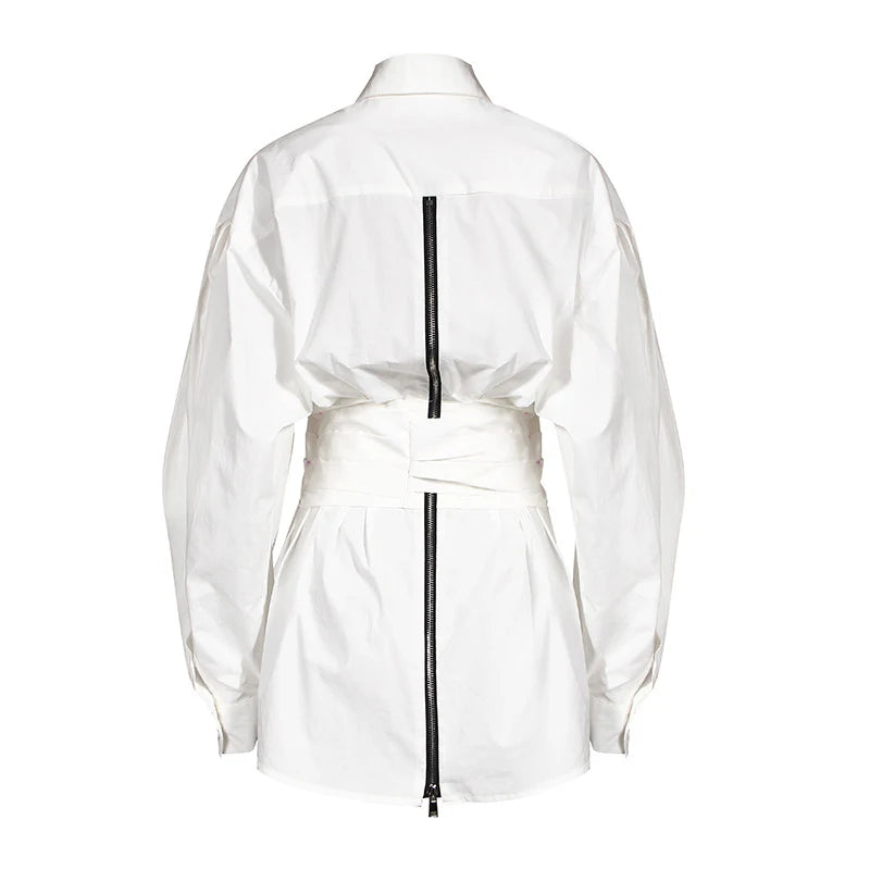 White Bowknot  Shirt For Women Lapel Lantern Sleeve Bandage High Waist Casual Blouse Female Autumn Tide