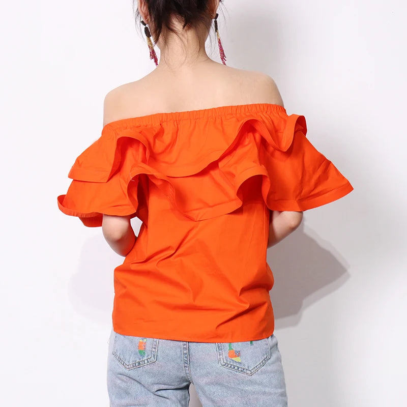 Chic Patchwork Ruffle Shirt For Women Slash Neck Short Sleeve Casual Green Blouse Female Fashion Clothing