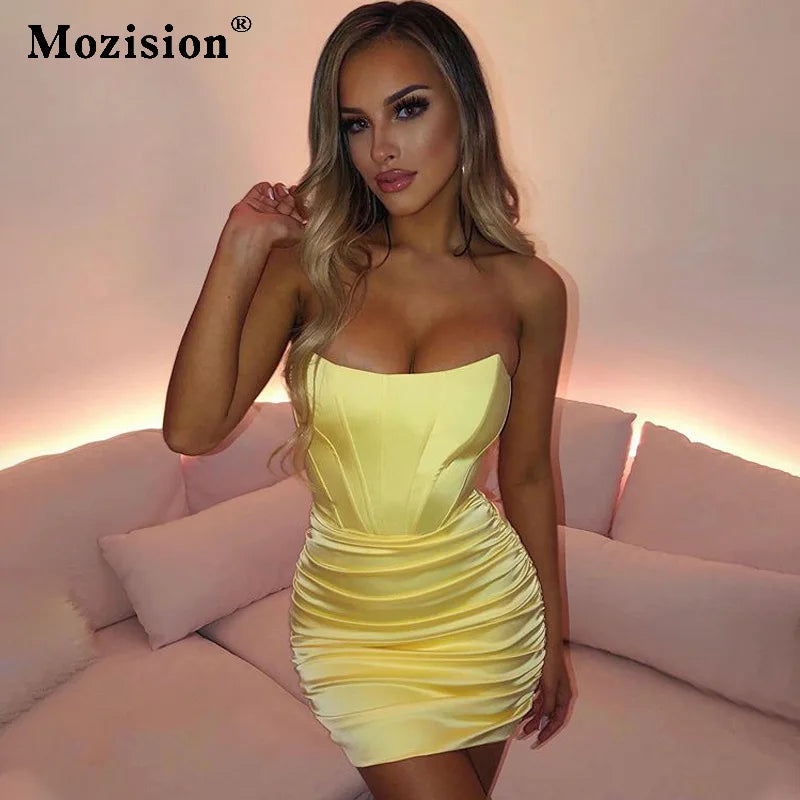 Satin Strapless Ruched Dress For Women Summer Off-shoulder Sleeveless Bodycon Party Clubwear Mini Dresses Vestidos
