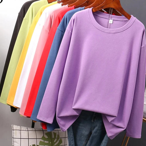 Load image into Gallery viewer, Autumn Cotton T shirt Female Pure Color Long Sleeve Women&#39;s T-shirts M-XXL Size Yellow White Simple Basic Tee Tops
