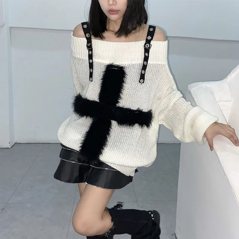 Harajuku Gothic Knitted Sweaters Punk Girls Cross Off Shoulder Loose Sweater Outwear Autumn Winter Streetwear Emo Grunge