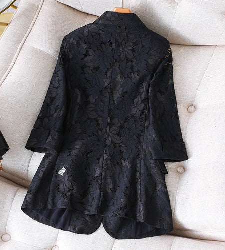 Jacket Coat Formal Blazers Lady Office Work Suit Pockets Jackets Slim Black Lace Outerwear Women Blazer Femme Elegant Top