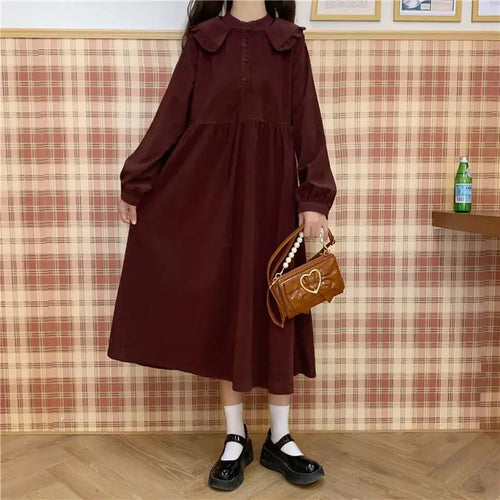 Load image into Gallery viewer, Japanese Kawaii Peter Pan Collar Dress Soft Mori Girl Long Sleev Midi Red Wine Dress Lolita Cute Clothes Autumn
