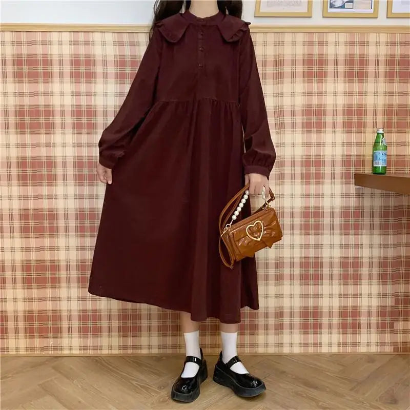 Japanese Kawaii Peter Pan Collar Dress Soft Mori Girl Long Sleev Midi Red Wine Dress Lolita Cute Clothes Autumn