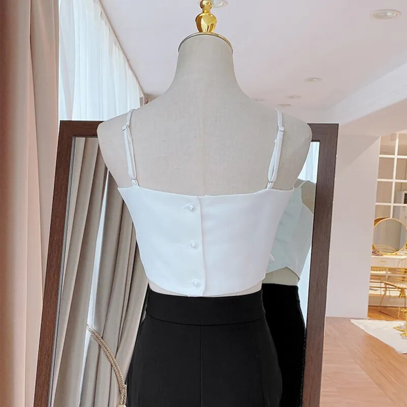 Sexy Patchwork Bow Women Vest Square Collar Sleeveless Spaghetti Strap Slim Tunic Tank Tops Female Clothes