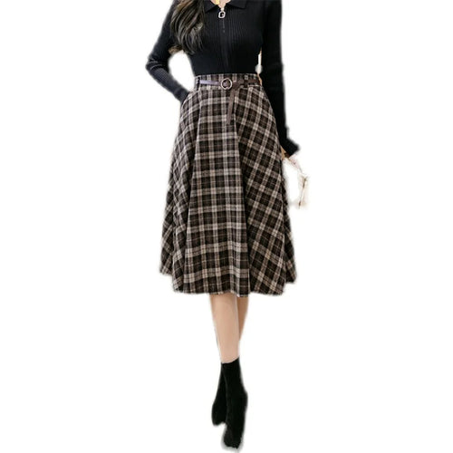 Load image into Gallery viewer, Plaid Skirts Womens Vintage Medium Long Belt Lace Up Pocket High Waist Skirt Loose Winter New All-match Fashion Midi Skirt Lady
