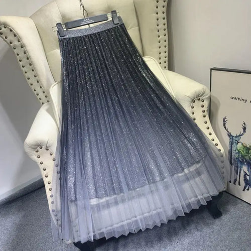 Load image into Gallery viewer, Long Tulle Skirts Womens Gradient Shine Fall Winter Mujer Faldas Elegant Fashion Ladies High Waist Vintage Midi Skirt Female
