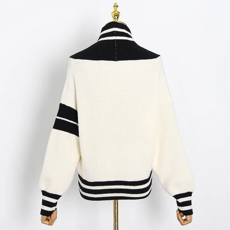Patchwork Striped Korean Cardigans For Women V Neck Long Sleeve Casual Sweaters Female Autumn Fashion