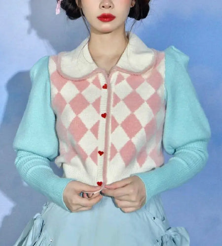 Preppy Style Crop Knit Cardigans Contrast Color Argyle Sweater Women Sweet Y2k Pull Femme Short Casual Coat Harajuku