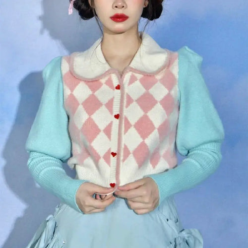 Load image into Gallery viewer, Preppy Style Crop Knit Cardigans Contrast Color Argyle Sweater Women Sweet Y2k Pull Femme Short Casual Coat Harajuku
