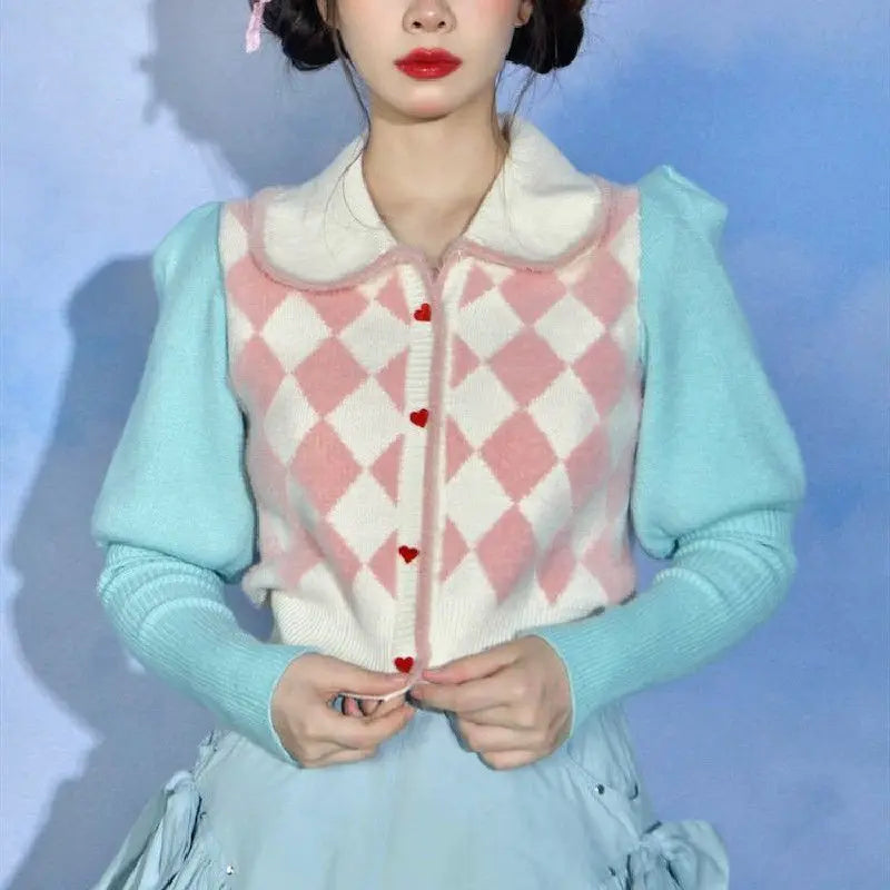 Preppy Style Crop Knit Cardigans Contrast Color Argyle Sweater Women Sweet Y2k Pull Femme Short Casual Coat Harajuku