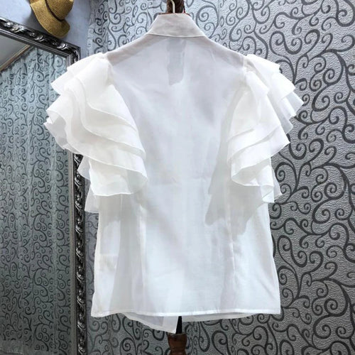 Load image into Gallery viewer, Patchwork Ruffle Shirt For Women Bow Collar Short Sleeve Solid Chic Blouse Femlae Fashion Clothing
