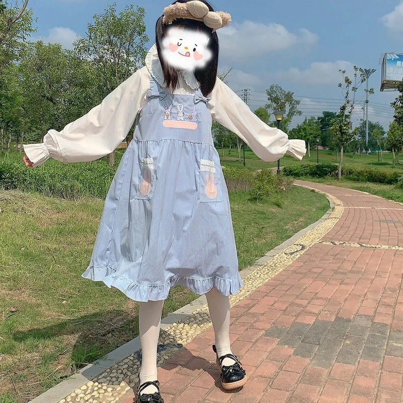 Kawaii Lolita Dress For Girls Soft Japanese Sweets Blue Lolita Outfit Cute Slip Dress Summer Rabbit Embroidery JSK