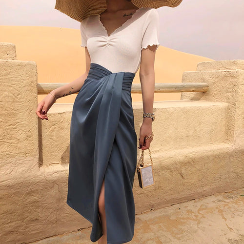 Load image into Gallery viewer, Vintage Irregular Side Split Skirt Women High Waist Asymmetrical Ruched Skirts For Female Fashion Clothing
