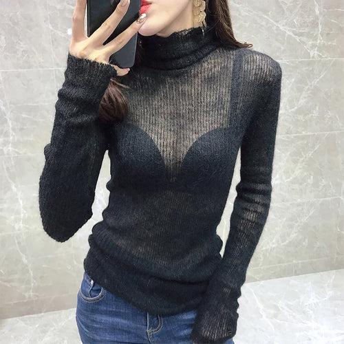 Load image into Gallery viewer, Slim See Through Sweater For Women Turtleneck Long Sleeve White Solid Basic Sweaters Female Autumn Fashion Style
