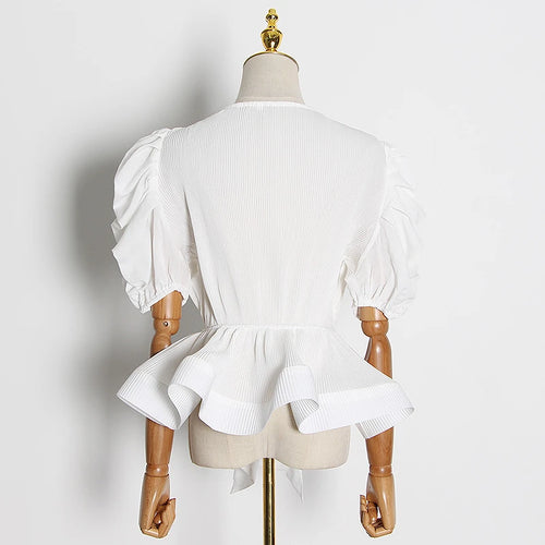 Load image into Gallery viewer, Elegant Loose Women Shirt V Neck Puff Half Sleeve Tunic Lace Up Bow Patchwork Ruffles Blouse Female Fashion Summer
