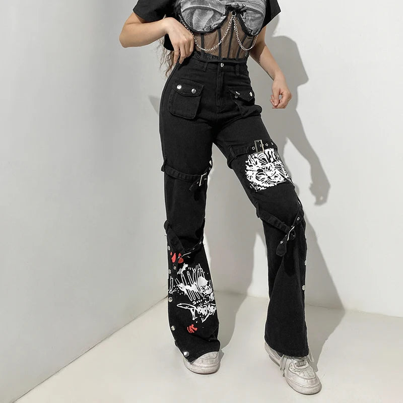 Retro Grunge Gothic Printed Cargo Pants Women Jeans Buckle Dark Academia Punk Style High Waist Jeans Denim Aesthetic