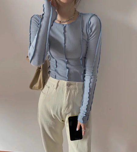 Korean Style Long Sleeve Top Bodycon Tshirt Women Blue Slim T Shirt Spring 2021 Designer Clothes Solid E Girl Tee Shirt