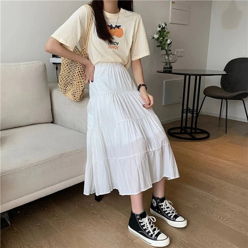Load image into Gallery viewer, Spring Summer Women Chiffon Skirts Vintage High Waist Elastic Patchwork White Black Chic Long Cake A-line Skirt for Student
