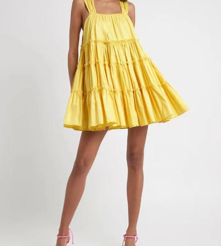 Sexy Plain Spaghetti Strap Dress For Women Square Collar Sleeveless Patchwork Folds Mini Dresses Female 2022 Summer Clothing