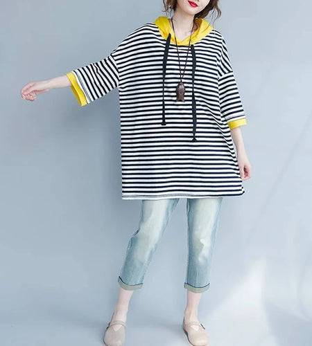 T-shirt Women's Hooded T-shirt Stripe Loose Top  Korean Casual Short Sleeve Tops Women's T-shirts With Short Sleeve Hoodie
