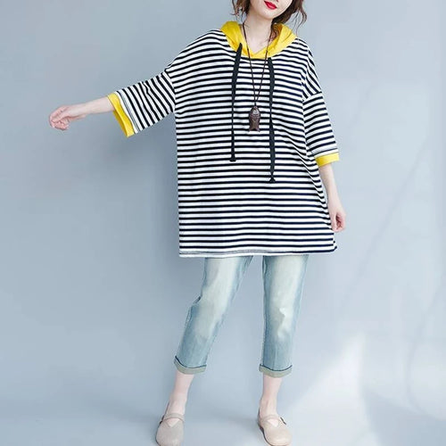 Load image into Gallery viewer, T-shirt Women's Hooded T-shirt Stripe Loose Top  Korean Casual Short Sleeve Tops Women's T-shirts With Short Sleeve Hoodie
