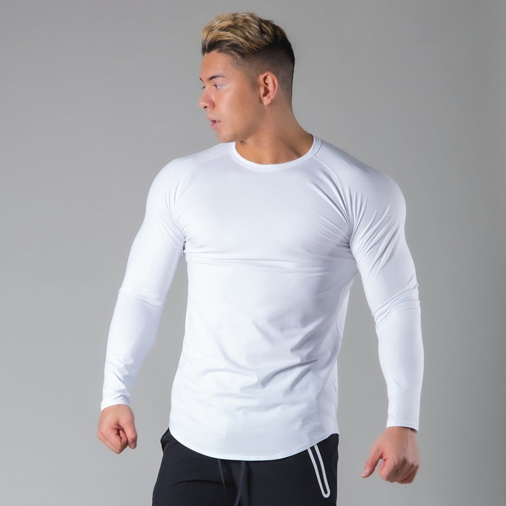 Men Bodybuilding Long sleeve Shirt Casual Cotton Skinny T-Shirt Male Gym Fitness Workout Tees Tops Spring Running Sport Clothing
