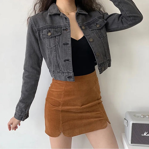 Load image into Gallery viewer, Vintage Black Denim Cropped Jacket Women Dark Gray Long Sleeve Short Jeans Jackets Ladies Fashion Distressed Coats Solid
