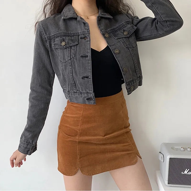 Vintage Black Denim Cropped Jacket Women Dark Gray Long Sleeve Short Jeans Jackets Ladies Fashion Distressed Coats Solid