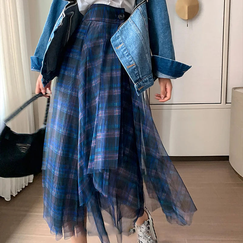 Casual Plaid Patchwork Mesh Women's Skirts High Waist Hit Color Elegant A Line Skirt For Female Spring Fashion Clothing