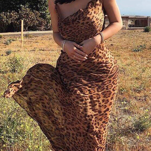 Load image into Gallery viewer, Sexy V Neck Leopard Party Dress Women Spaghetti Strap Backless Slim Maxi Dress Summer Chiffon Long Beach Dress Vestidos

