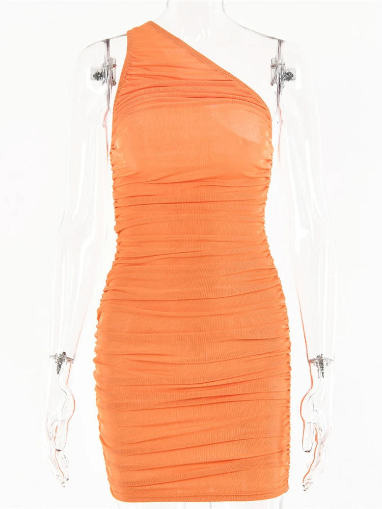 One-shoulder Ruched Mini Dress For Women 2021 Summer Sleeveless Bodycon Dresses High Street Ladies Solid Party Vestidos