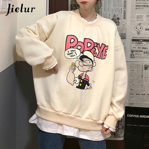 Load image into Gallery viewer, Popeye Cartoon Fake Two Pieces Sweatshirts Female Loose Printed Hoodies Beige Pullovers Kawaii Lovely Women Clothes M-XL
