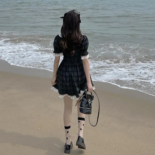 Load image into Gallery viewer, Kawaii Cute Dress Woman Soft Vintage Grunge Plaid Sundress Lace Princess Lolita Mini Dress Gothic Japanese
