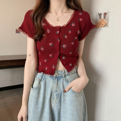 Load image into Gallery viewer, Knitted Cardigan Crop Top Women Summer Floral Lace Patchwork Shirt Single Breasted Cute T Shirts Short Sleeve Tees
