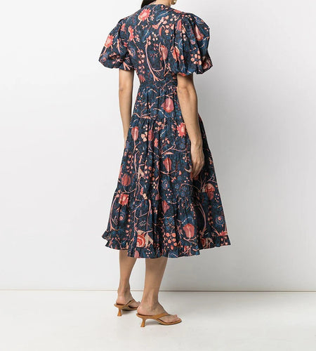 Vintage Hit Color Ruched Dress For Women O Neck Short Sleeve High Waist Patchwork Bow Print Dresses Female Fashion New 2022