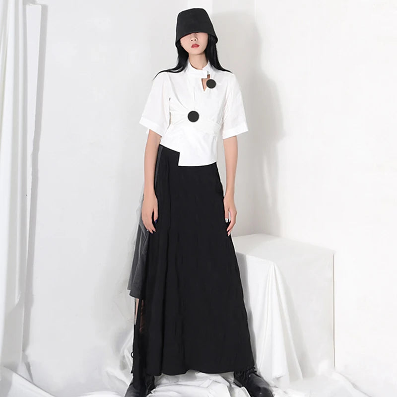 White Casual Cut Out Shirts Female Irregular Collar Short Sleeve Asymmetrical Korean Fashion Woman Blouses 2022 New