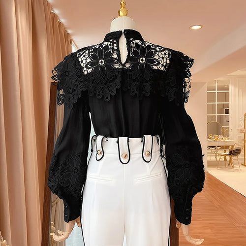 Load image into Gallery viewer, Vintage Patchwork Lace Embroidery Shirt For Women Stand Collar Lantern Sleeve Ruched Elegant Blouse Female
